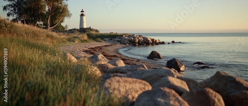 A lighthouse stands tall on the coastline, guiding ships with its light as the morning sun paints a tranquil seascape.