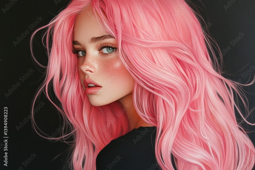Fototapeta premium Stylish Woman with Pink Hair and Freckles Posing Against Black Background