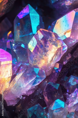 Cluster of colorful crystals exhibiting a mix of purple, orange, and pink hues. Glowing cave filled with crystals that emit soft, colorful light and shimmer like precious gems.