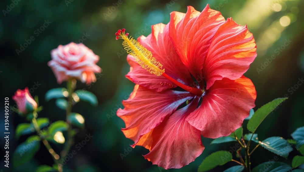 Radiant oversized red hibiscus flower with a blurred green garden background. Rose plant basking in sunlight. Nature inspiration for design.