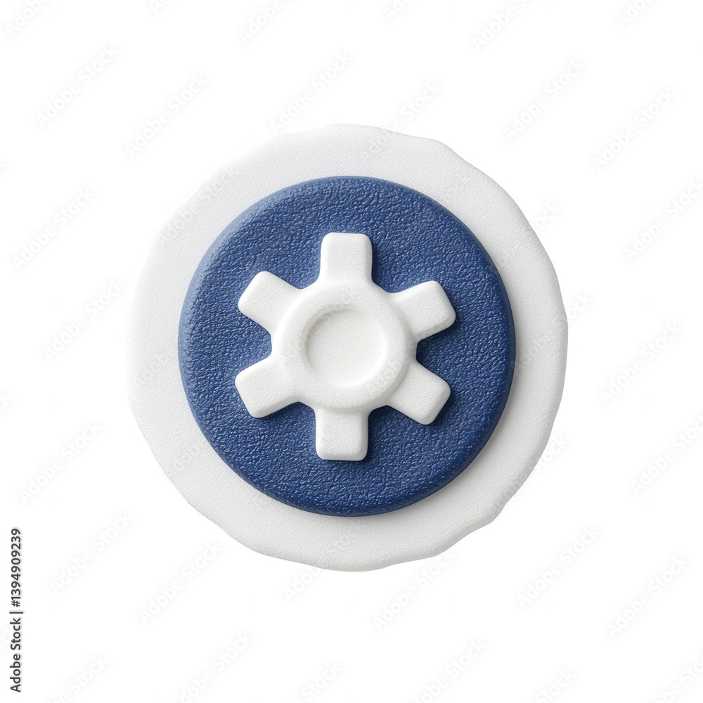 A die-cut design of a gear icon featuring a blue textured center, surrounded by a white border, showcasing a modern and simplistic style, perfect for digital applications.