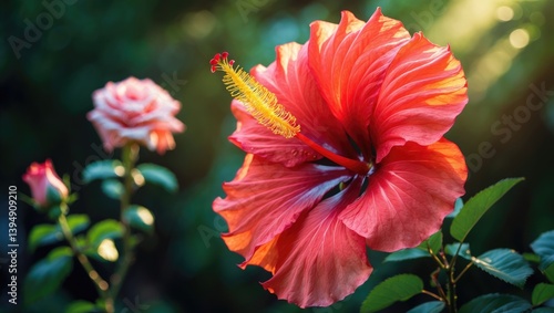 Obraz na płótnie Radiant oversized red hibiscus flower with a blurred green garden background. Rose plant basking in sunlight. Nature inspiration for design. w salonie
