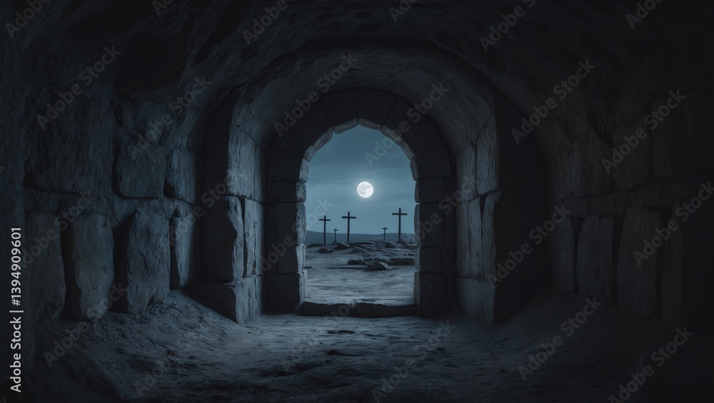 Empty tomb of Jesus illuminated at night with crosses behind Empty tomb of Jesus illuminated at night with crosses behind