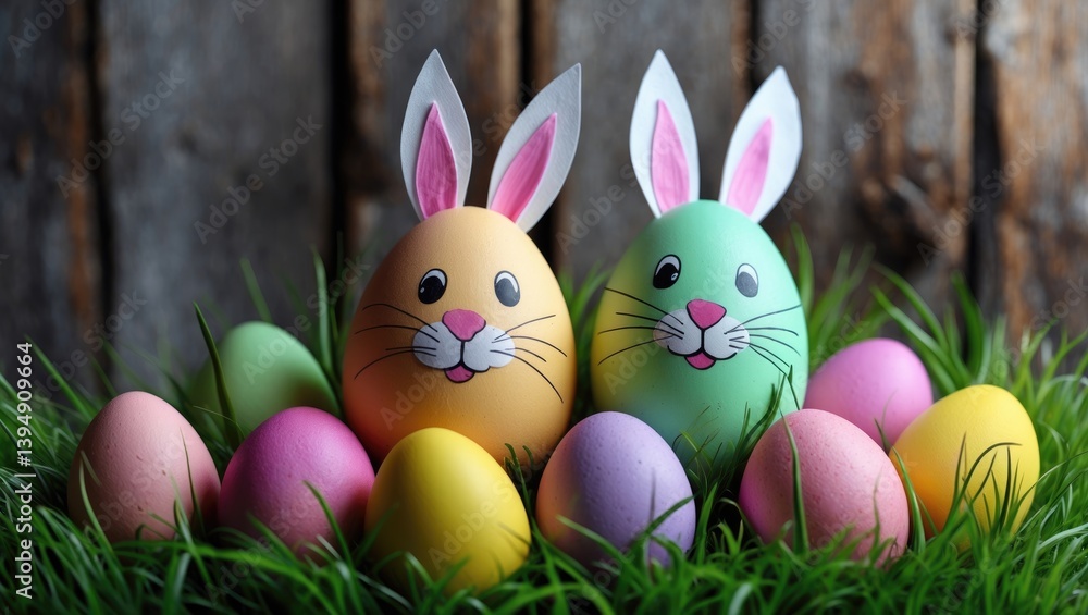 Easter eggs and adorable bunnies. Comical decoration Easter eggs and adorable bunnies. Comical decoration