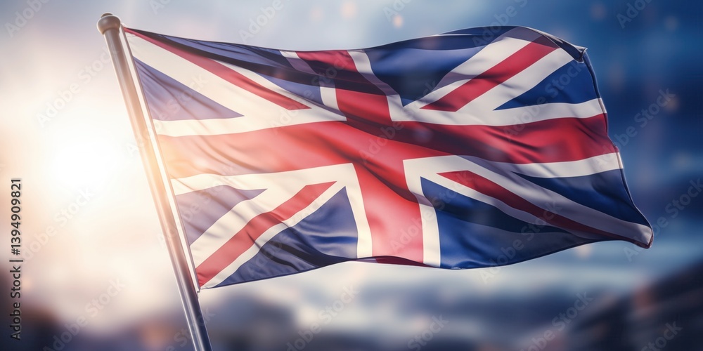 Flag of United Kingdom waving in the breeze against a sunset sky. Banner with UK flag.