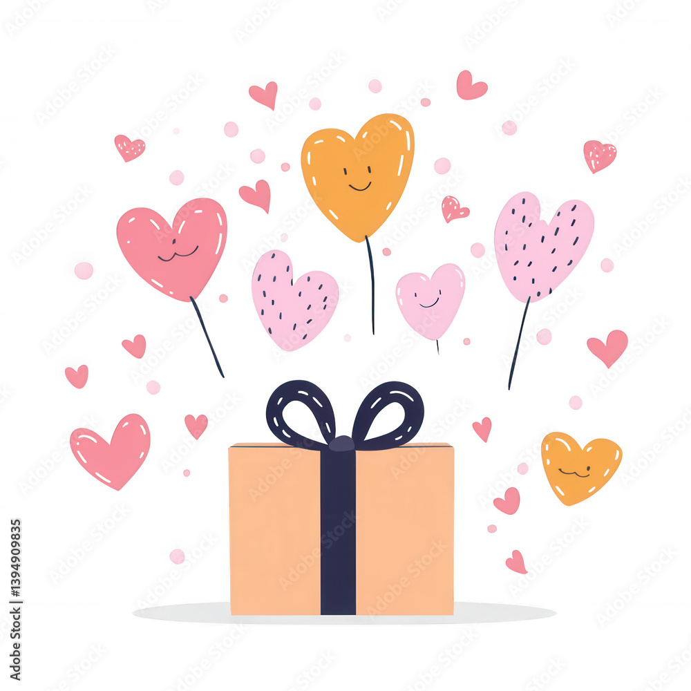 A festive gift box surrounded by colorful heart-shaped balloons representing love and celebration. Ideal for conveying joy and affection in various contexts.