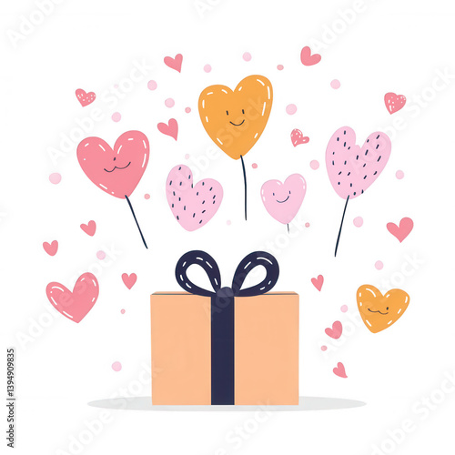 Obraz na płótnie A festive gift box surrounded by colorful heart-shaped balloons representing love and celebration. Ideal for conveying joy and affection in various contexts. w salonie