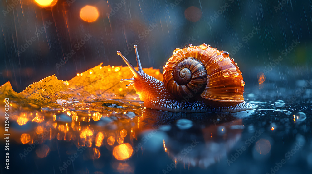 Photography capturing the delicate details of a snail gliding across a wet leaf, with its spiral shell reflecting soft light and raindrops surrounding it.