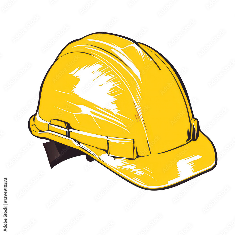 A graphic illustration of a yellow hard hat, symbolizing safety and construction, displayed on a white isolated background.