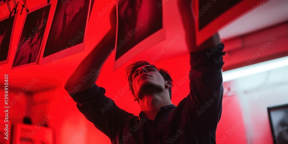 Silhouette of a photographer developing photos in a dark room. Man hanging printed photos in red lighted room. Old style photography.