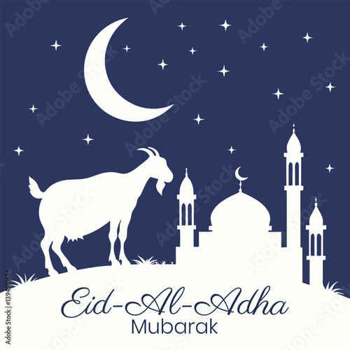 Eid Al Adha Mubarak Night Sky, Crescent Moon, Goat, Mosque