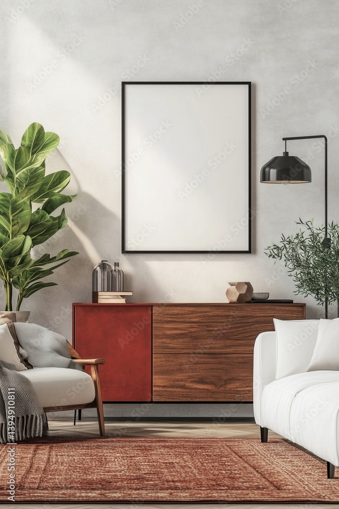 Stylish modern living room interior in bright earthly colors. Cozy living room arrangement with a picture frame, soft blankets, white pillows and house plants.