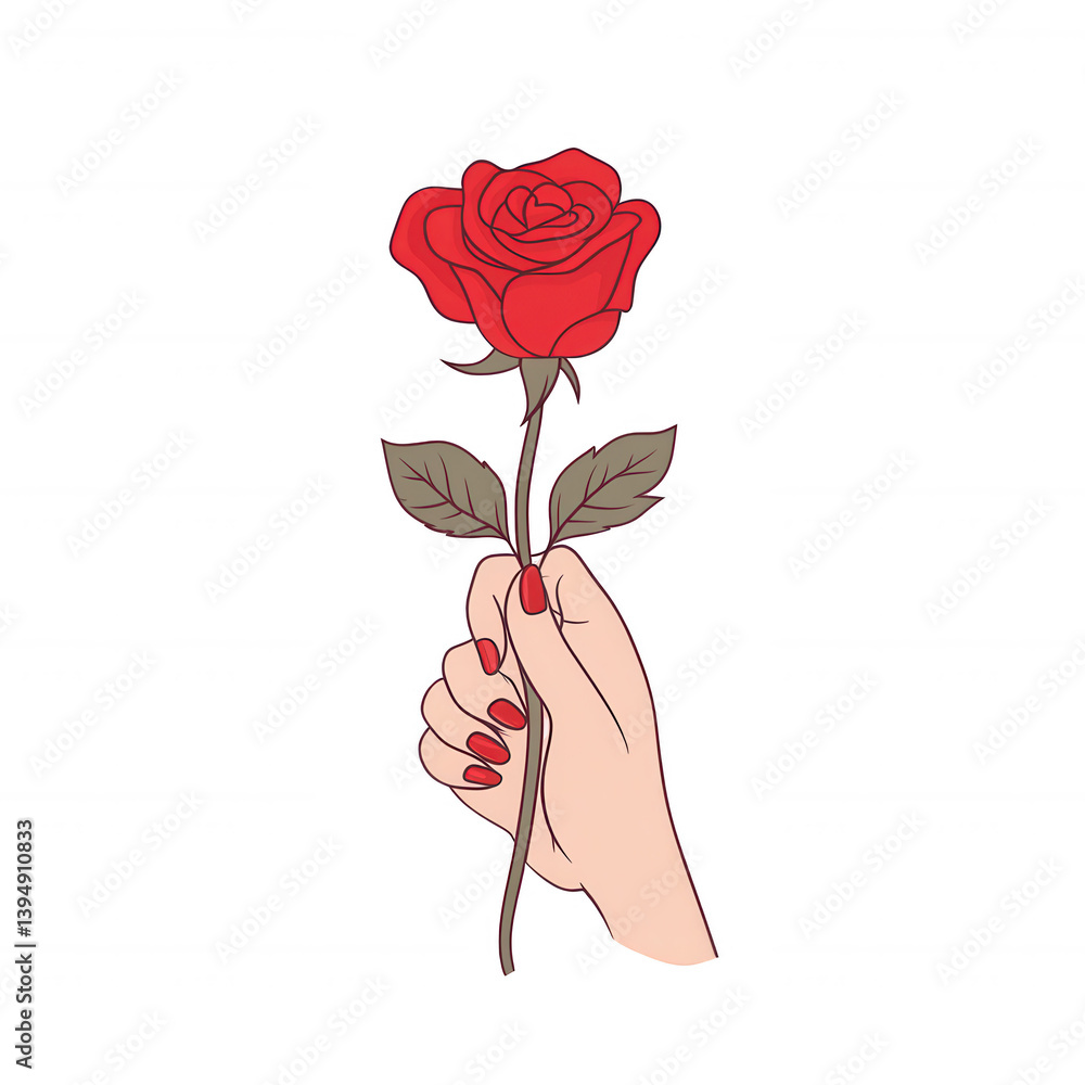 A hand holding a beautiful red rose, symbolizing love and romance, against a white isolated background.