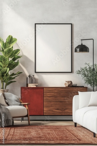 Obraz na płótnie Stylish modern living room interior in bright earthly colors. Cozy living room arrangement with a picture frame, soft blankets, white pillows and house plants. w salonie