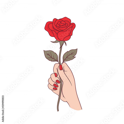 A hand holding a beautiful red rose, symbolizing love and romance, against a white isolated background.