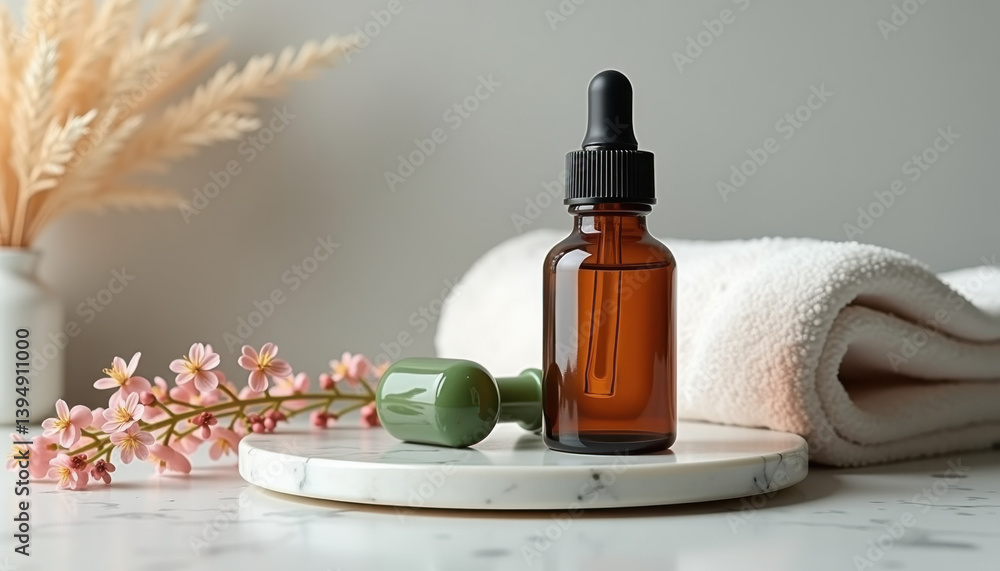 Oil label mockup. Amber dropper bottle label mockup on marble tray with towel and flowers Oil label mockup. Amber dropper bottle label mockup on marble tray with towel and flowers