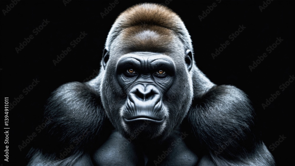 Portrait showcasing a male gorilla set against a black background, strong silverback, grave expression of the great ape, the mightiest and largest monkey. Head of a gorilla clan. APE. Portrait showcasing a male gorilla set against a black background, strong silverback, grave expression of the great ape, the mightiest and largest monkey. Head of a gorilla clan. APE.