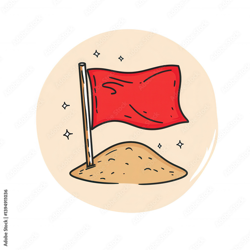 A hand-drawn style red flag planted on a sandy mound, symbolizing a declaration or a notable point in a creative and playful manner, against a light-colored background.
