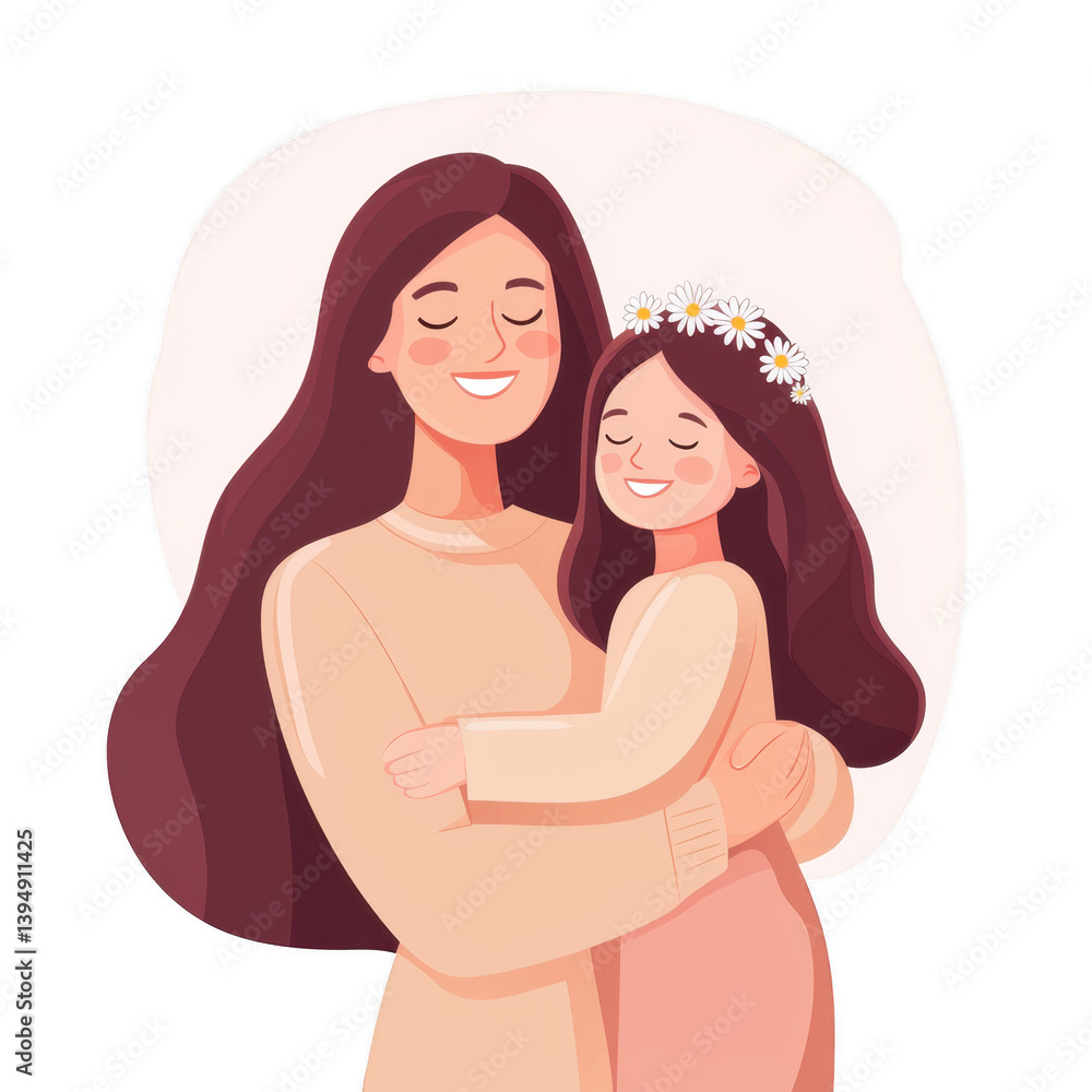 A heartwarming illustration of a mother embracing her daughter, both smiling joyfully. The daughter wears a flower crown, symbolizing love and familial bonds.