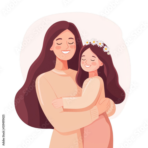 A heartwarming illustration of a mother embracing her daughter, both smiling joyfully. The daughter wears a flower crown, symbolizing love and familial bonds.