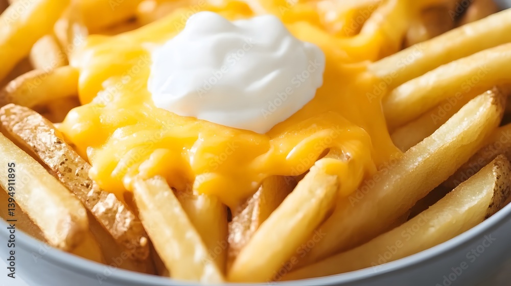 Closeup of Delicious Cheesy French Fries with Creamy Sauce Closeup of Delicious Cheesy French Fries with Creamy Sauce