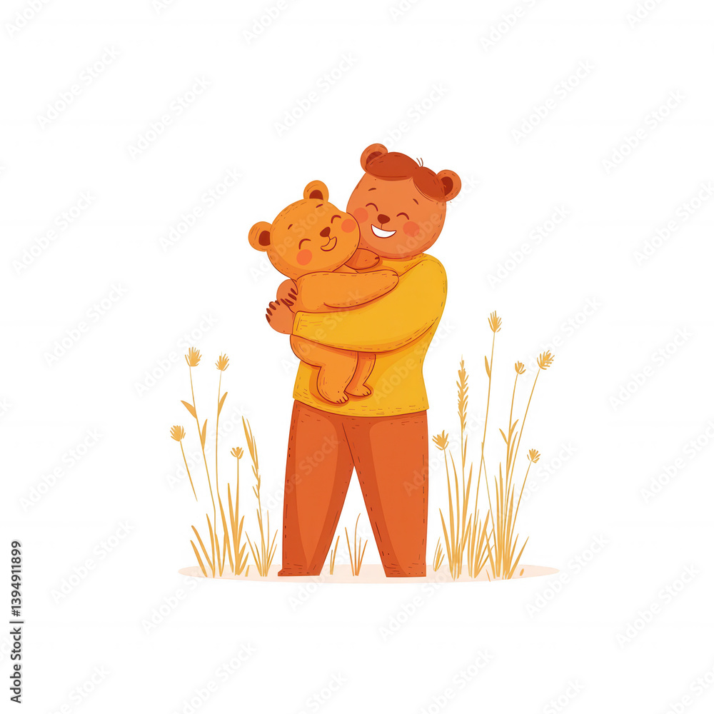 A joyful child hugs a teddy bear in a grassy field. The warm colors and cheerful expression evoke feelings of love and happiness, perfect for family-oriented themes.
