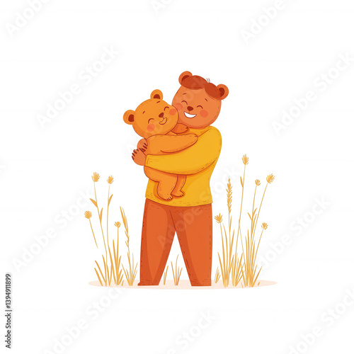 Obraz na płótnie A joyful child hugs a teddy bear in a grassy field. The warm colors and cheerful expression evoke feelings of love and happiness, perfect for family-oriented themes. w salonie