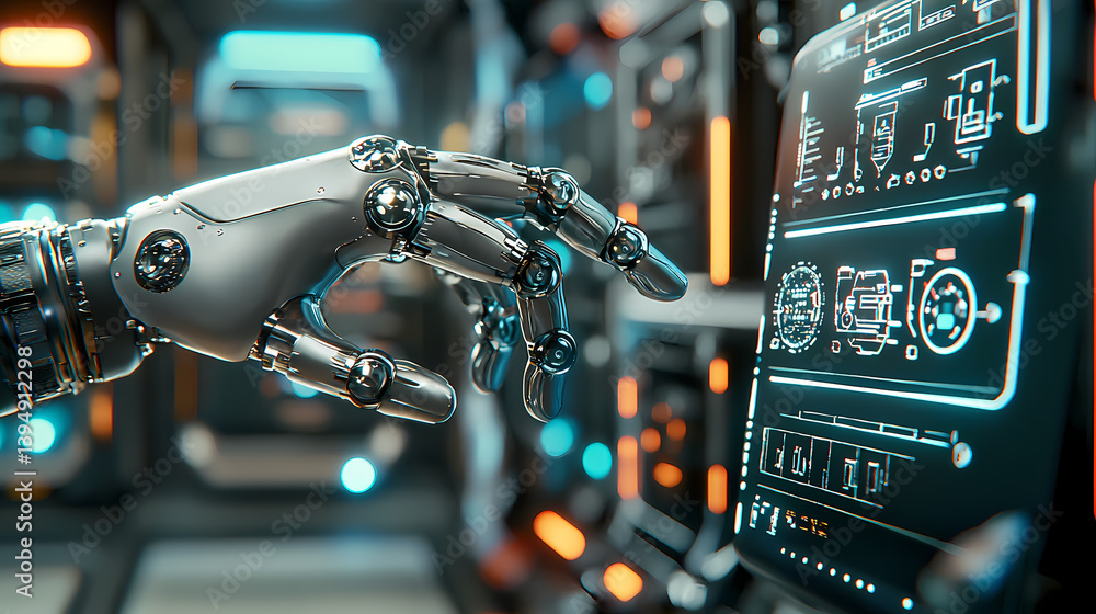 Fototapeta premium A robotic hand interacts with a futuristic touchscreen display in a high-tech environment, showcasing advanced technology and design.