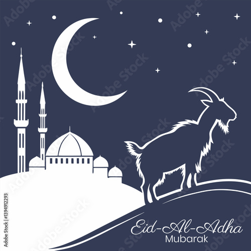 Eid Al Adha Mubarak Goat, Mosque, Crescent Moon, Night Sky