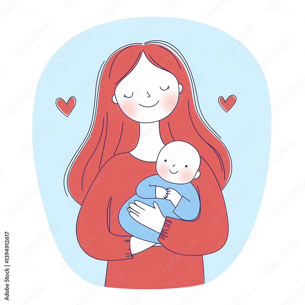 A loving mother holding her baby, expressing warmth and affection, set against a soft blue background with hearts, symbolizing love and family bond.