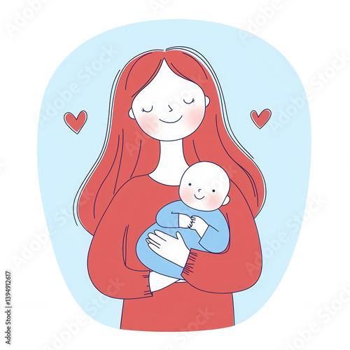 Obraz na płótnie A loving mother holding her baby, expressing warmth and affection, set against a soft blue background with hearts, symbolizing love and family bond. w salonie