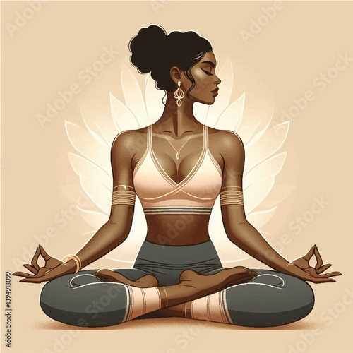 Elegant illustration of a woman in a yoga pose wearing activewear. Ideal for wellness, mindfulness, health, and fitness themed designs. 