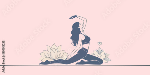 Elegant illustration of a woman in a yoga pose wearing activewear. Ideal for wellness, mindfulness, health, and fitness themed designs. 