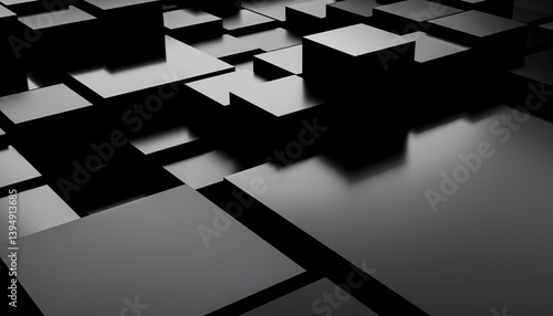 Abstract geometric pattern with black overlapping squares creating depth and shadow. Blender 3D illustration