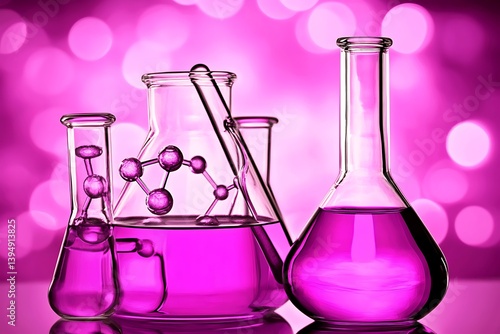 Laboratory Glassware Showing Chemistry Experiments With Pink Liquids