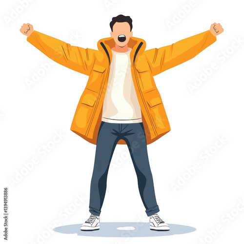 Obraz na płótnie A person in a vibrant yellow jacket stands with arms raised in excitement. The illustration captures joy and enthusiasm against a clean white background. w salonie