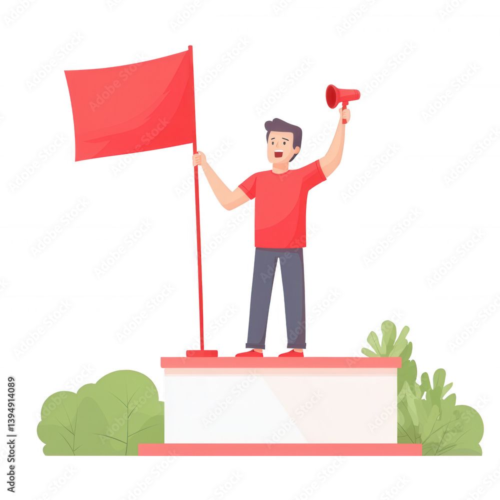 A person standing on a pedestal holding a red flag and a megaphone, symbolizing activism and protest. The scene conveys a sense of urgency and engagement in social issues.
