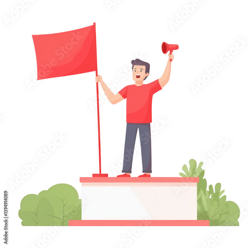 Obraz na płótnie A person standing on a pedestal holding a red flag and a megaphone, symbolizing activism and protest. The scene conveys a sense of urgency and engagement in social issues. w salonie