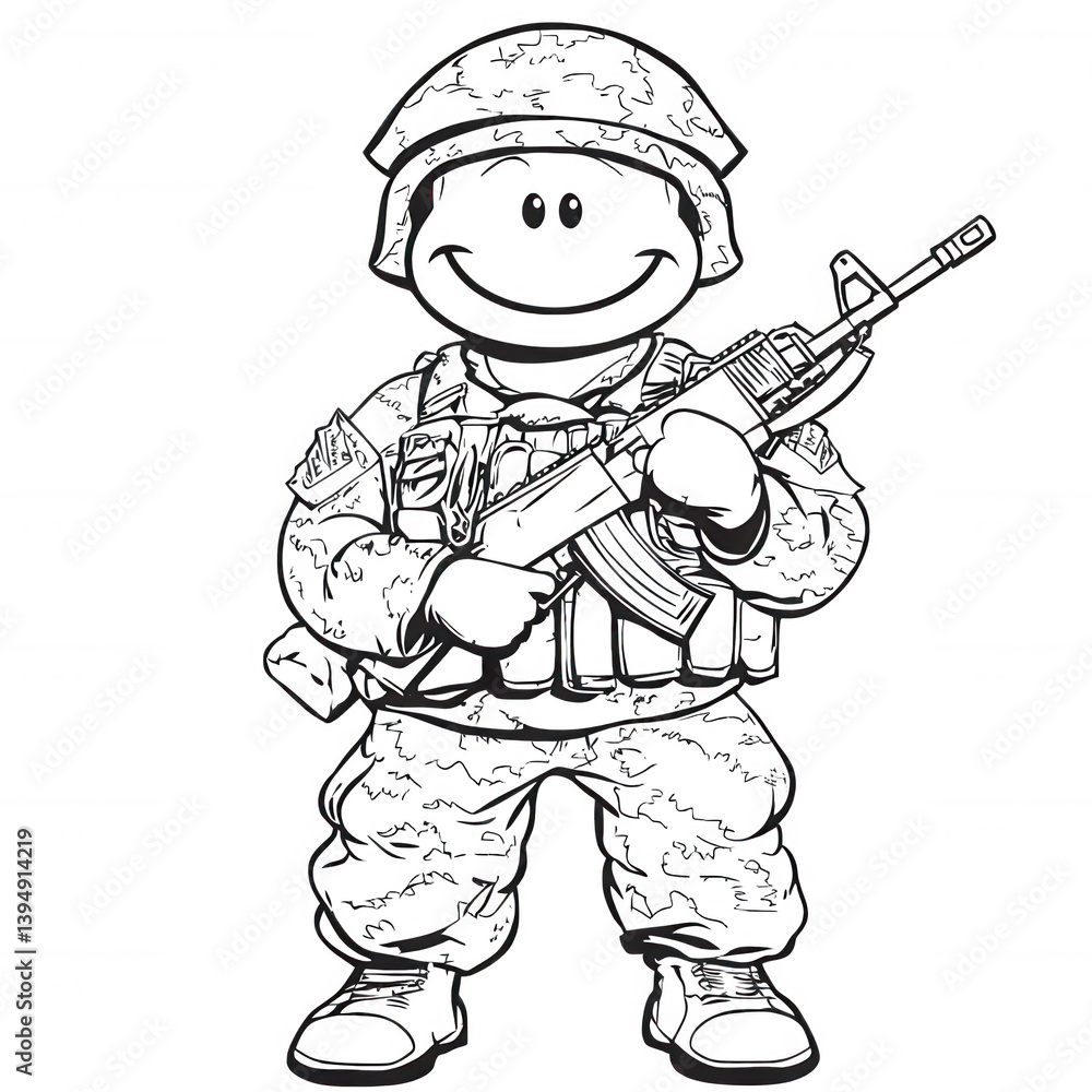 A playful cartoon soldier character, standing confidently with a toy weapon. Ideal for educational purposes or children's themed content. White isolated background.