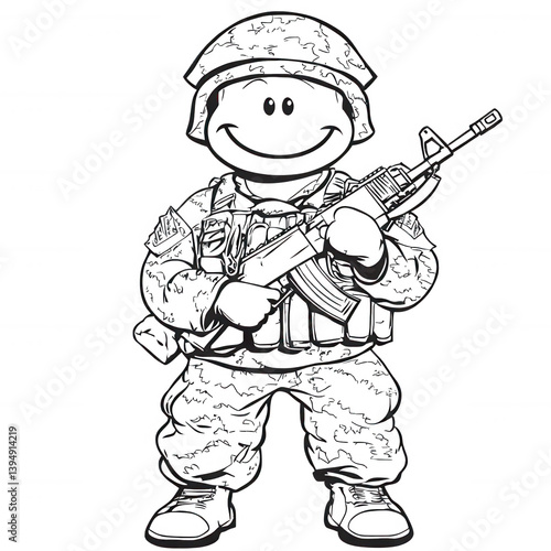 Obraz na płótnie A playful cartoon soldier character, standing confidently with a toy weapon. Ideal for educational purposes or children's themed content. White isolated background. w salonie