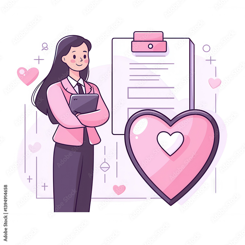 A professional woman in a pink suit holds a tablet, standing confidently beside a clipboard with hearts surrounding her. Perfect for themes of love, care, and personal growth.