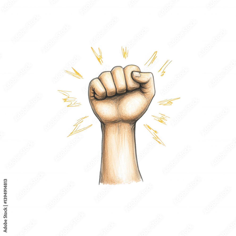 A raised fist symbolizing strength and unity, surrounded by energetic rays. Ideal for promoting social movements or empowerment themes.