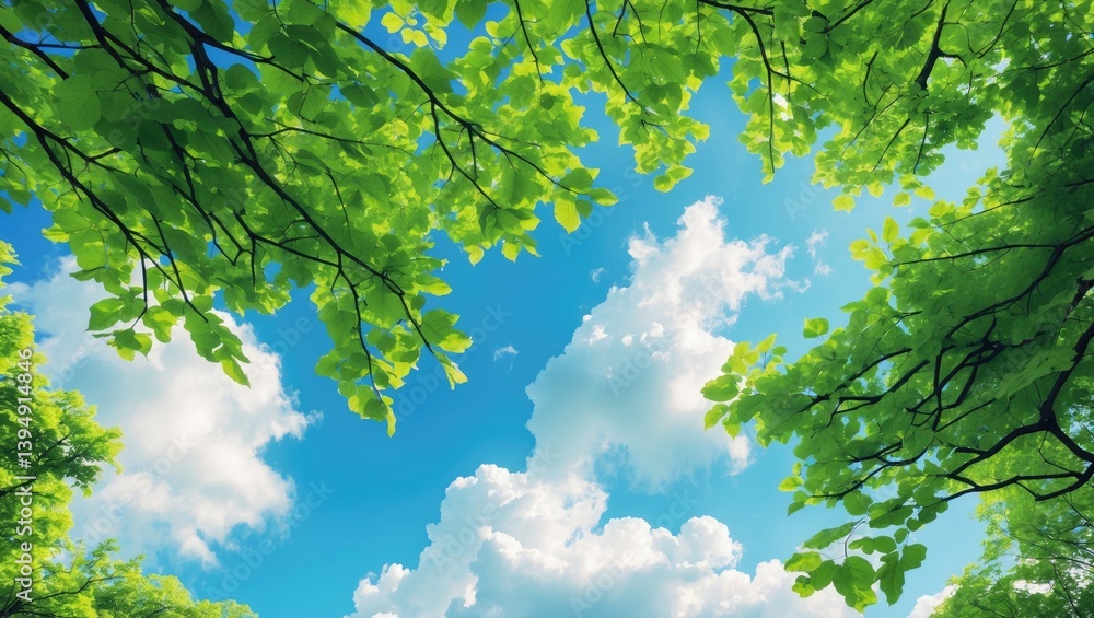 Fototapeta premium Observing trees and the clear blue sky. Gorgeous bright clouds in the daytime. The bright green leaves on the tree branches are a refreshing sight in summer.