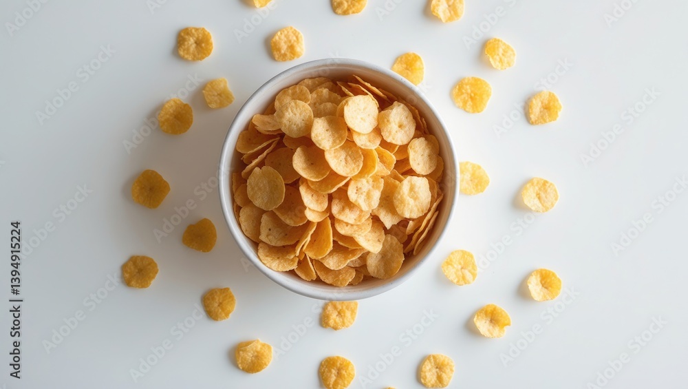 Cornflakes displayed on a plain white surface Cornflakes displayed on a plain white surface