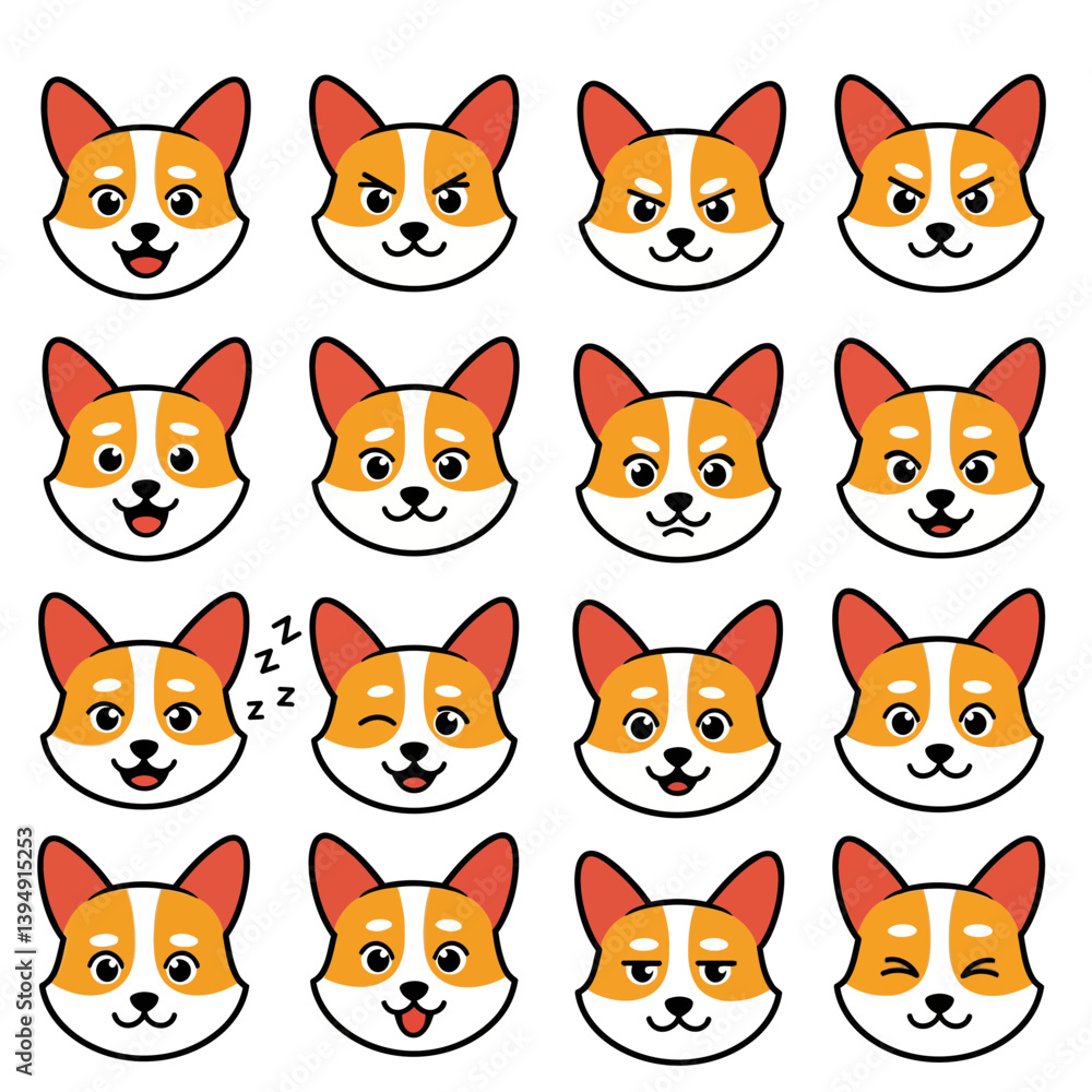 Fototapeta premium Corgi Face Expression Set Vector