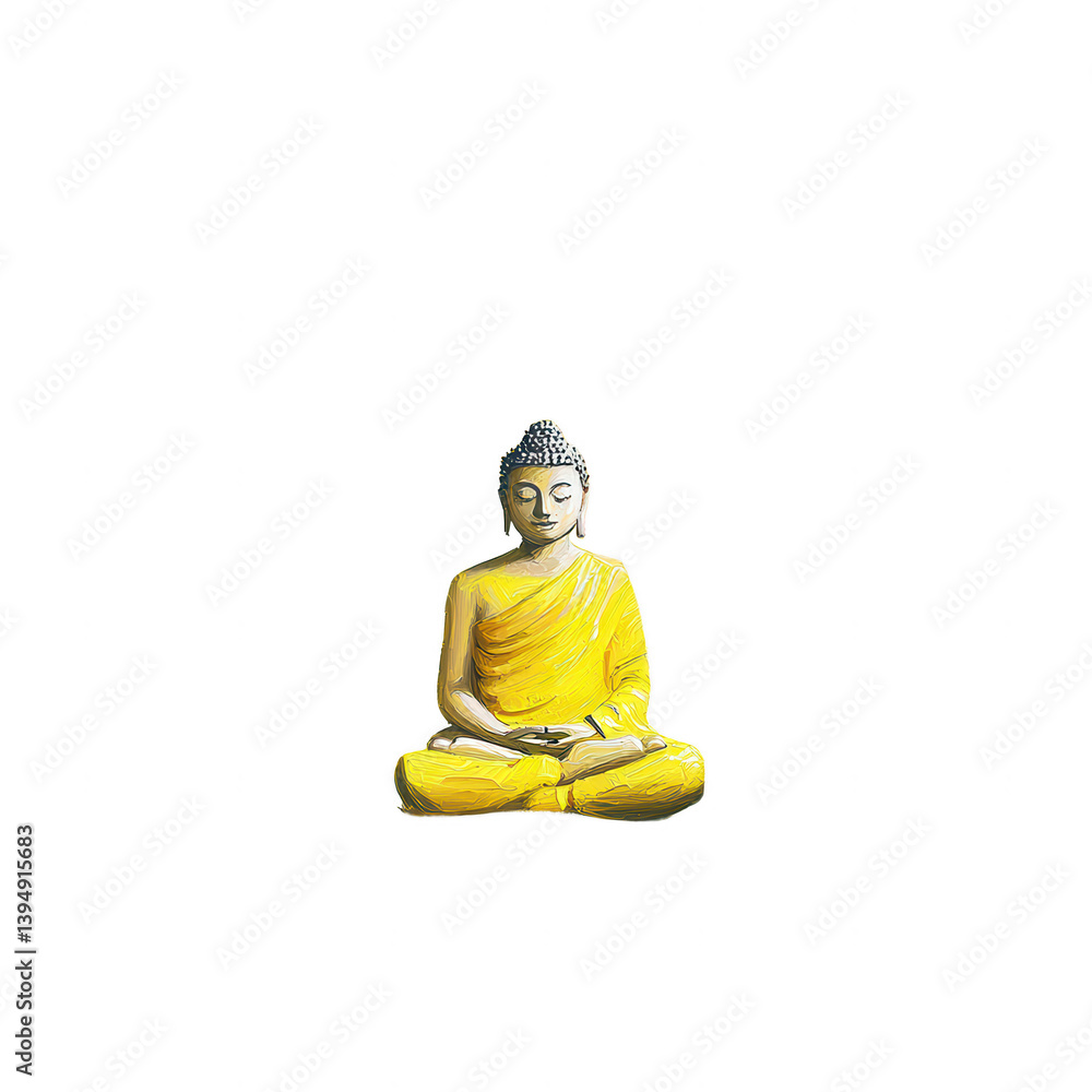 A serene figure of a Buddha statue in a meditative pose, adorned with a vibrant yellow robe, symbolizing peace and tranquility.