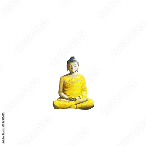 Obraz na płótnie A serene figure of a Buddha statue in a meditative pose, adorned with a vibrant yellow robe, symbolizing peace and tranquility. w salonie