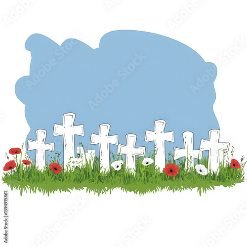 Obraz na płótnie A serene graveyard scene with black crosses and colorful wildflowers, symbolizing remembrance and peace. Ideal for projects related to loss, memory, and reflection. w salonie