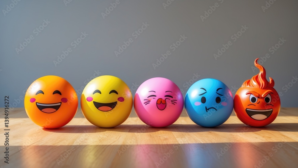 Emotion-Themed Balls Background: Happy Smiley Faces in Shades of Yellow, Orange, and Pink; Blue Ball Representing Sadness; Red Ball for Madness; Self-Drawn Designs Emotion-Themed Balls Background: Happy Smiley Faces in Shades of Yellow, Orange, and Pink; Blue Ball Representing Sadness; Red Ball for Madness; Self-Drawn Designs