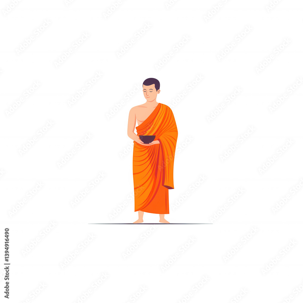 A serene monk in traditional robes stands with a bowl, symbolizing peace and mindfulness. The illustration captures the essence of spirituality and simplicity.